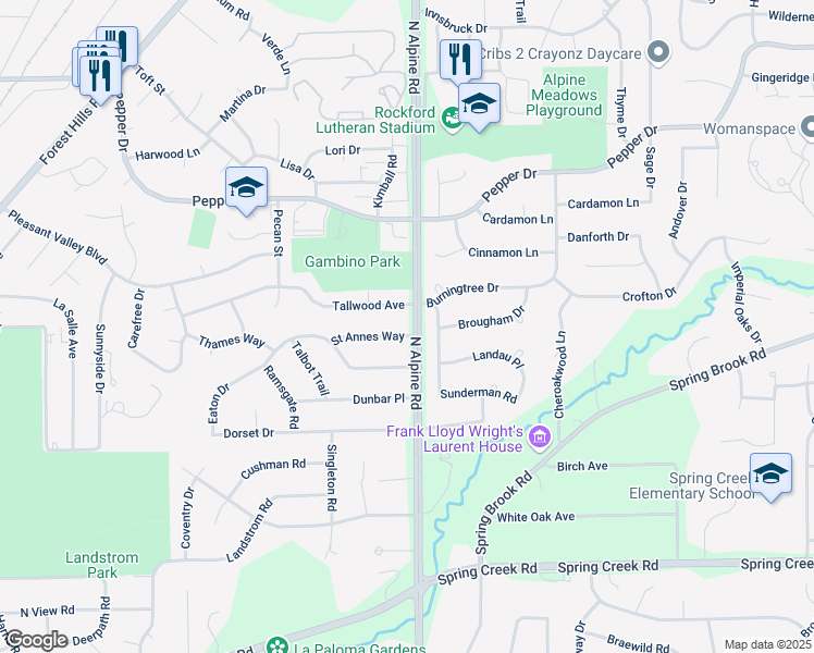 map of restaurants, bars, coffee shops, grocery stores, and more near 4421 Saint Annes Way in Rockford