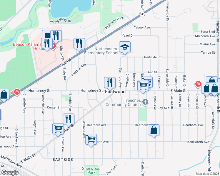 map of restaurants, bars, coffee shops, grocery stores, and more near in Eastwood