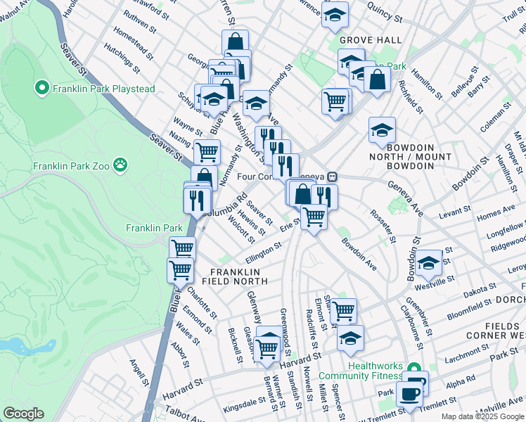 map of restaurants, bars, coffee shops, grocery stores, and more near 408 Seaver Street in Boston