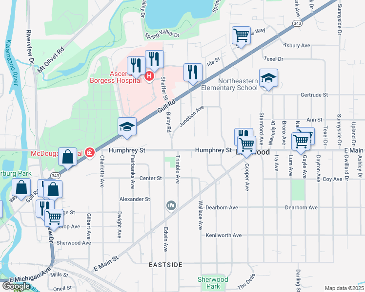 map of restaurants, bars, coffee shops, grocery stores, and more near 1811 Humphrey Street in Kalamazoo