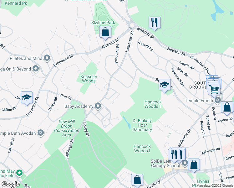 map of restaurants, bars, coffee shops, grocery stores, and more near 20 Broadlawn Drive in Newton
