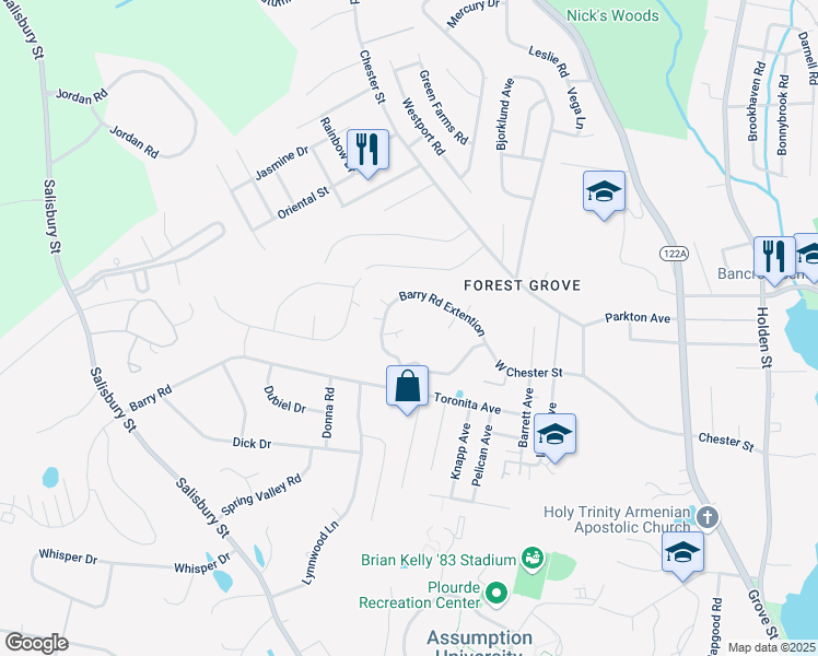map of restaurants, bars, coffee shops, grocery stores, and more near 101 Barry Road in Worcester