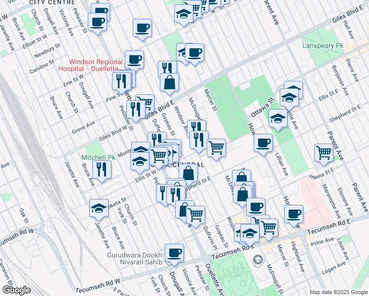 map of restaurants, bars, coffee shops, grocery stores, and more near 1382 Dufferin Place in Windsor