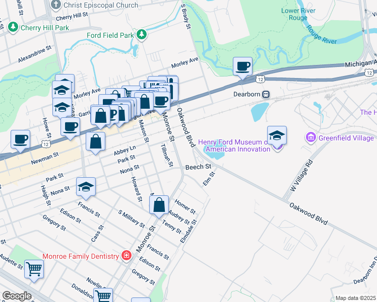 map of restaurants, bars, coffee shops, grocery stores, and more near 1331 Monroe Street in Dearborn