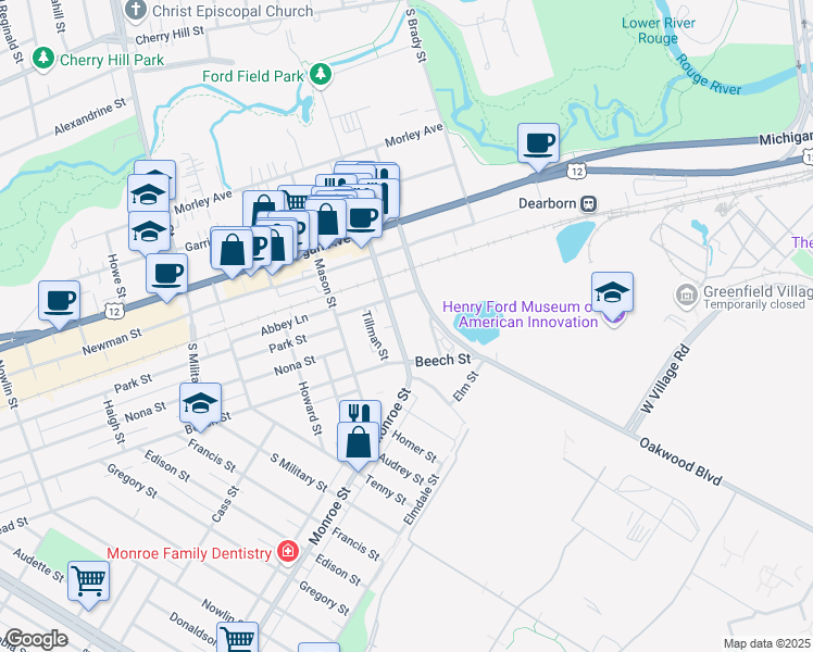 map of restaurants, bars, coffee shops, grocery stores, and more near 1331 Monroe Street in Dearborn