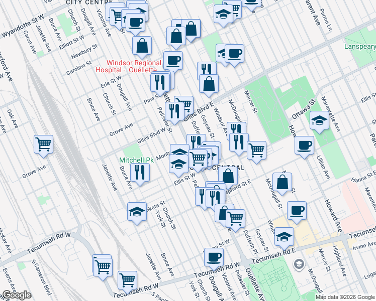 map of restaurants, bars, coffee shops, grocery stores, and more near 1333 Ouellette Avenue in Windsor