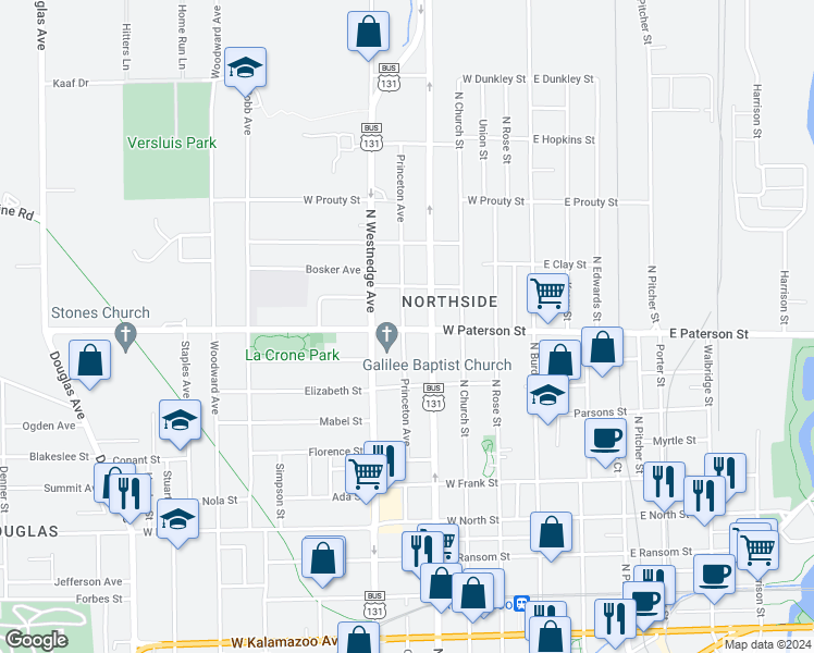 map of restaurants, bars, coffee shops, grocery stores, and more near 1308 Princeton Avenue in Kalamazoo