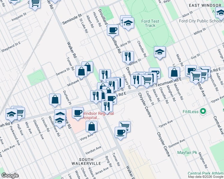 map of restaurants, bars, coffee shops, grocery stores, and more near 2550 Tecumseh Road East in Windsor
