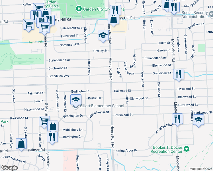 map of restaurants, bars, coffee shops, grocery stores, and more near 1084 Henry Ruff Road in Westland