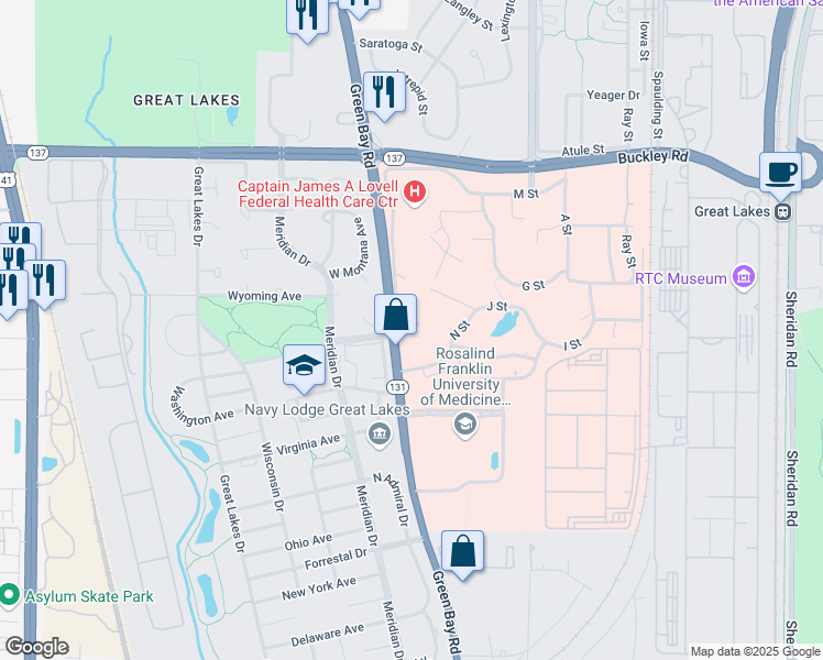 map of restaurants, bars, coffee shops, grocery stores, and more near 3001 Green Bay Road in North Chicago