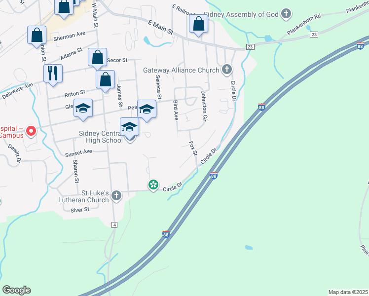 map of restaurants, bars, coffee shops, grocery stores, and more near 200 Fox Street in Sidney