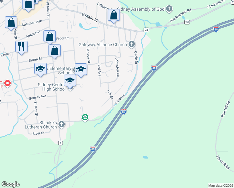 map of restaurants, bars, coffee shops, grocery stores, and more near 213 Fox Street in Sidney