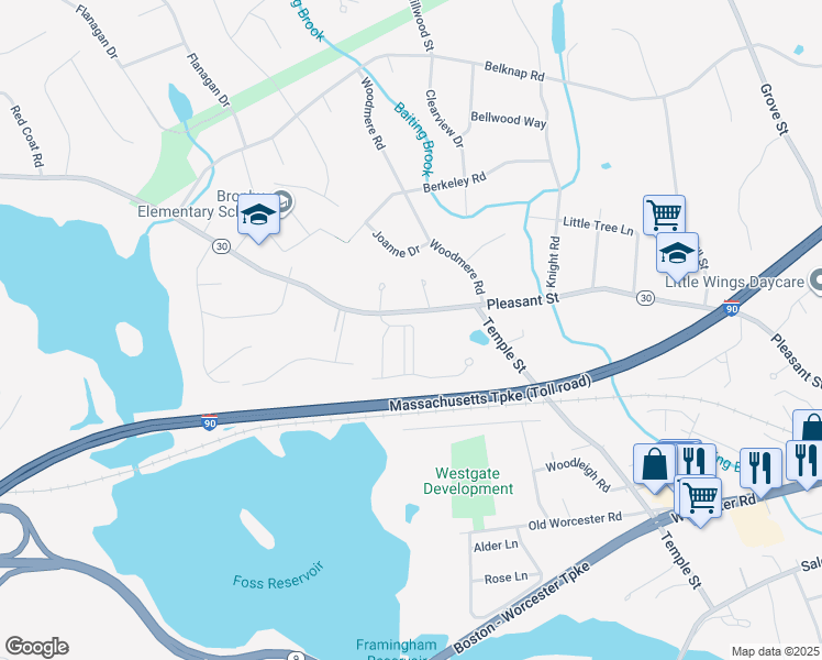 map of restaurants, bars, coffee shops, grocery stores, and more near 518 Pleasant Street in Framingham