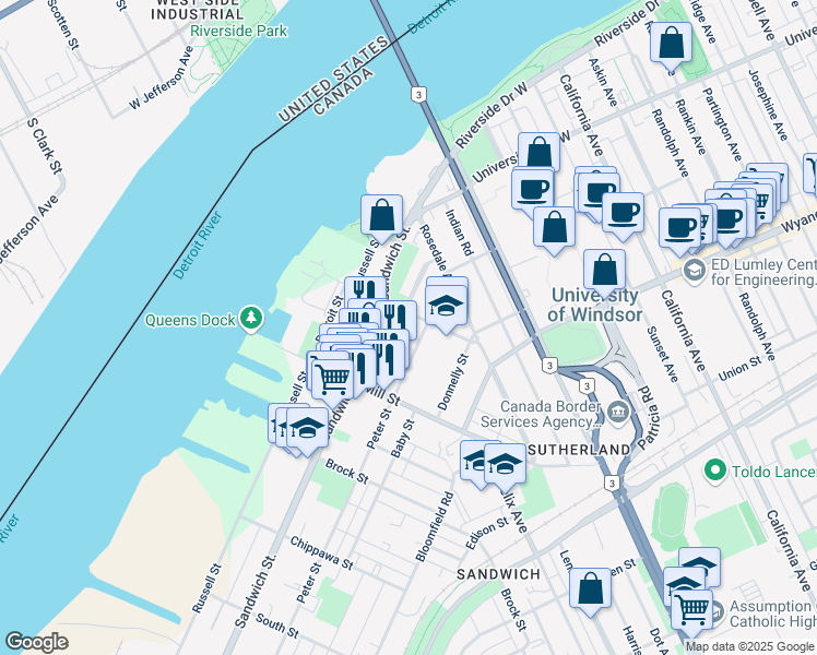 map of restaurants, bars, coffee shops, grocery stores, and more near 373 Detroit Street in Windsor
