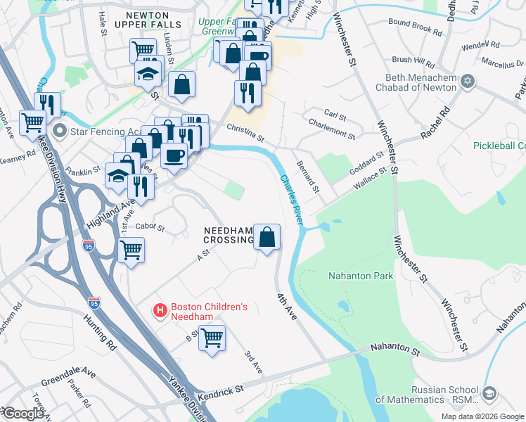 map of restaurants, bars, coffee shops, grocery stores, and more near 300 2nd Avenue in Needham