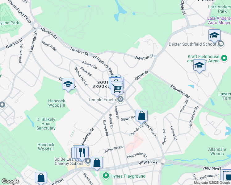 map of restaurants, bars, coffee shops, grocery stores, and more near 1012 West Roxbury Parkway in Brookline