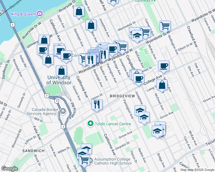 map of restaurants, bars, coffee shops, grocery stores, and more near 771 Rankin Avenue in Windsor