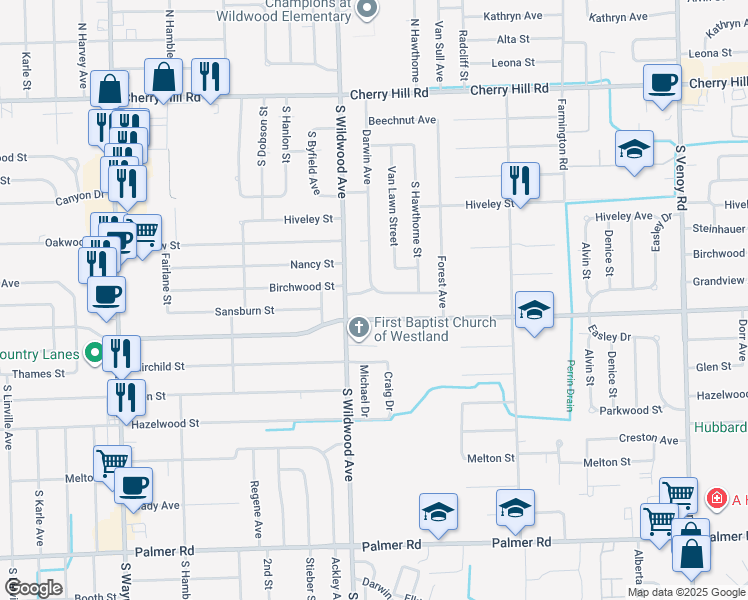 map of restaurants, bars, coffee shops, grocery stores, and more near 34206 Avondale Street in Westland