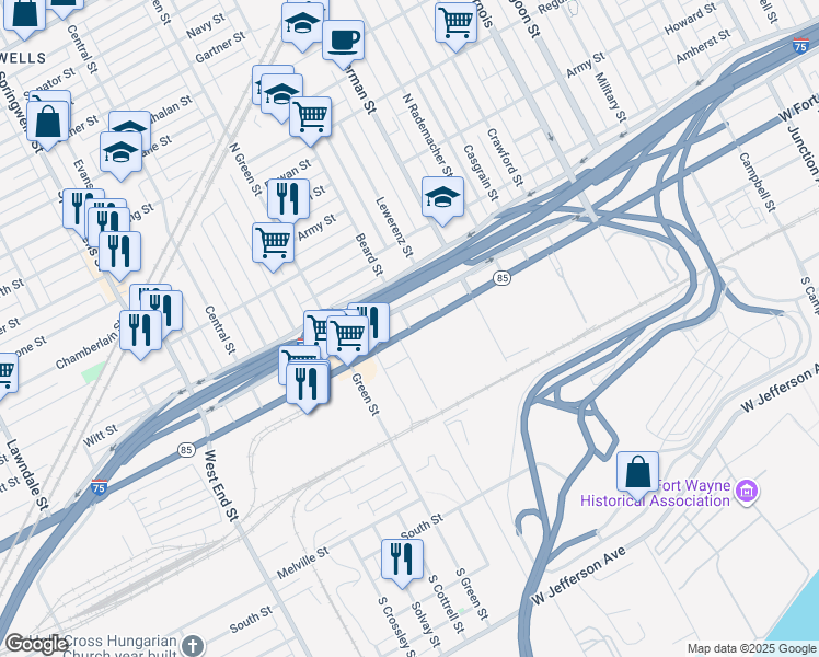 map of restaurants, bars, coffee shops, grocery stores, and more near 705 Beard Street in Detroit