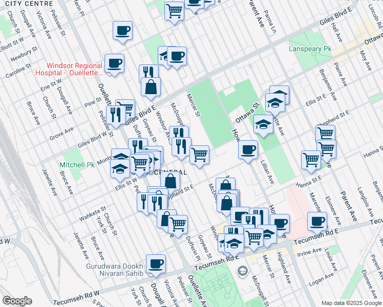map of restaurants, bars, coffee shops, grocery stores, and more near in Windsor