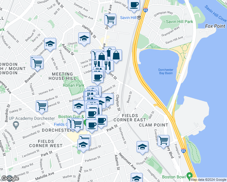 map of restaurants, bars, coffee shops, grocery stores, and more near 80 Granger Street in Boston