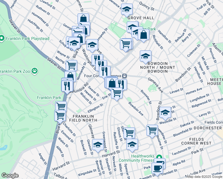 map of restaurants, bars, coffee shops, grocery stores, and more near 15 Erie Street in Boston