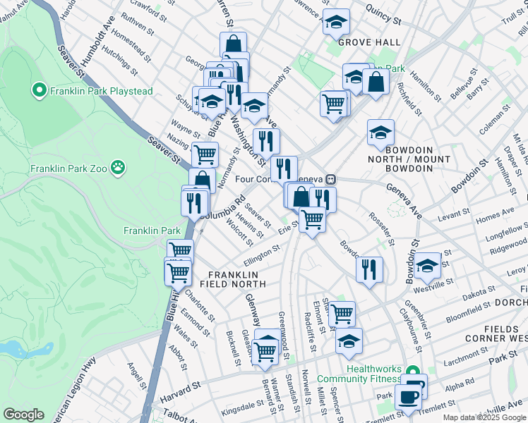 map of restaurants, bars, coffee shops, grocery stores, and more near 424 Seaver Street in Boston