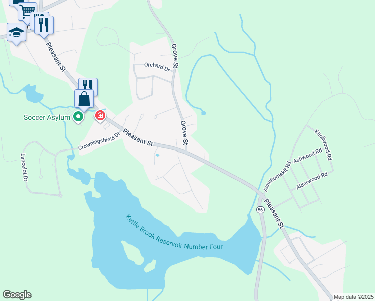 map of restaurants, bars, coffee shops, grocery stores, and more near 503 Pleasant Street in Paxton