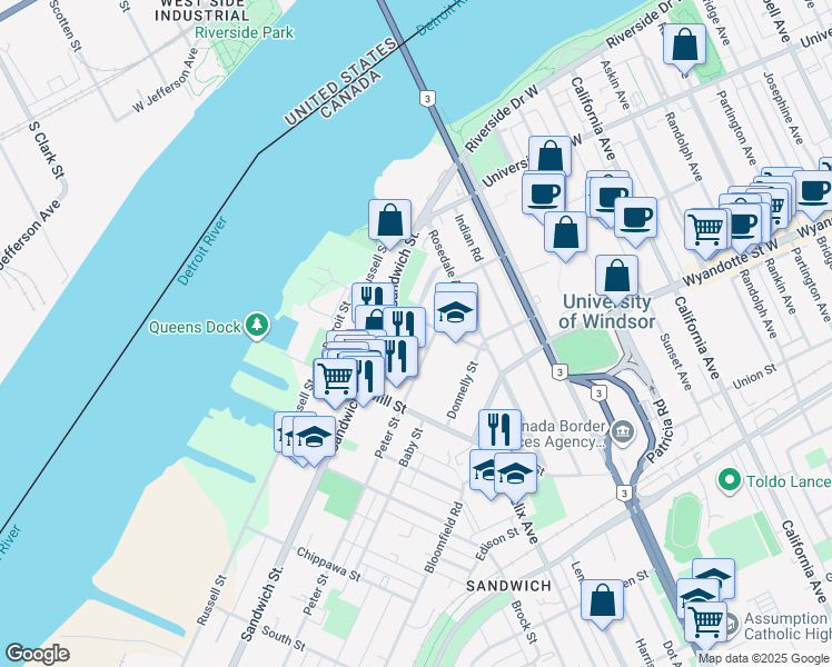 map of restaurants, bars, coffee shops, grocery stores, and more near 3145 Peter Street in Windsor