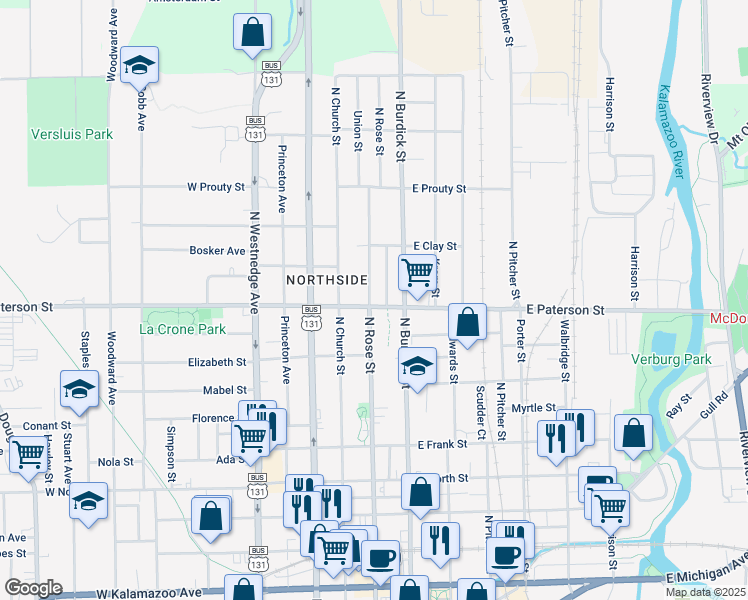 map of restaurants, bars, coffee shops, grocery stores, and more near 1215 North Rose Street in Kalamazoo