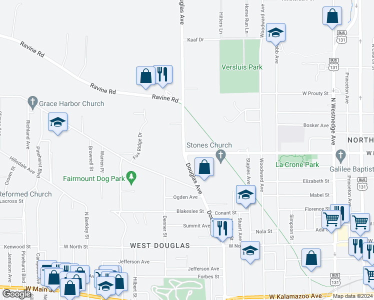 map of restaurants, bars, coffee shops, grocery stores, and more near 1200 Douglas Avenue in Kalamazoo
