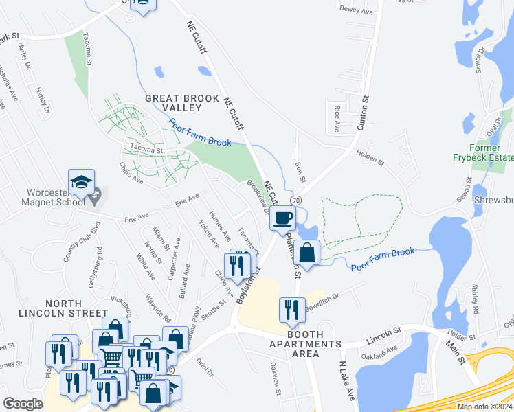 map of restaurants, bars, coffee shops, grocery stores, and more near 30 Great Brook Valley Avenue in Worcester