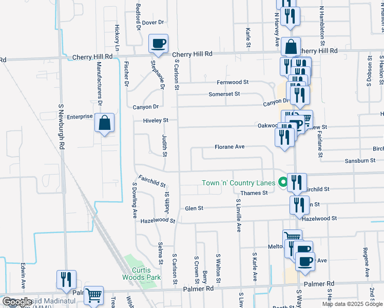 map of restaurants, bars, coffee shops, grocery stores, and more near 36245 Florane Street in Westland