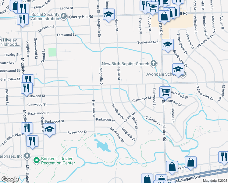 map of restaurants, bars, coffee shops, grocery stores, and more near 1141 Woodland Drive in Inkster