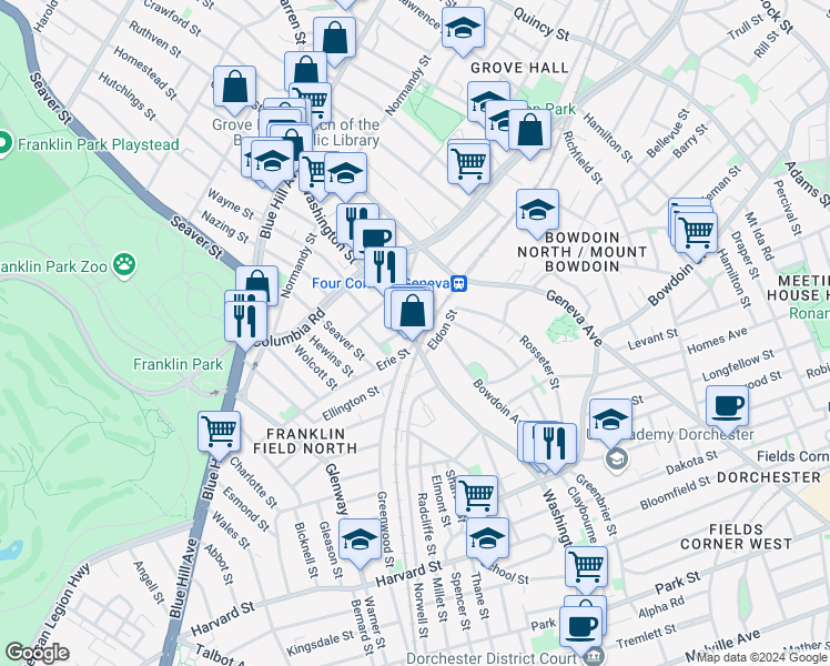 map of restaurants, bars, coffee shops, grocery stores, and more near 186 Washington Street in Boston