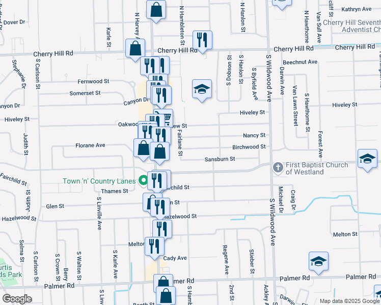 map of restaurants, bars, coffee shops, grocery stores, and more near 35133 Sansburn Street in Westland