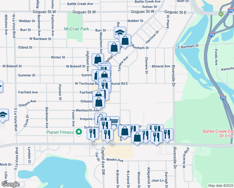 map of restaurants, bars, coffee shops, grocery stores, and more near 26 Grand Boulevard in Battle Creek
