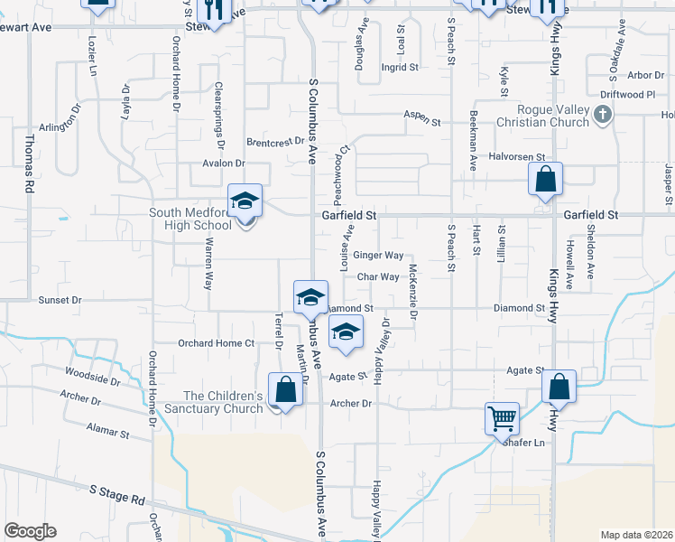 map of restaurants, bars, coffee shops, grocery stores, and more near 1763 Louise Avenue in Medford