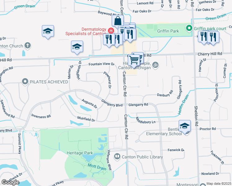 map of restaurants, bars, coffee shops, grocery stores, and more near 45450 Fountain View Drive in Canton