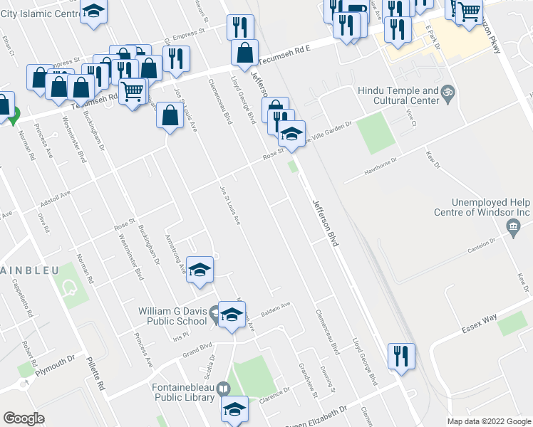 map of restaurants, bars, coffee shops, grocery stores, and more near 2736 Jos St Louis Avenue in Windsor