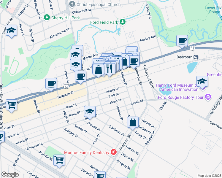 map of restaurants, bars, coffee shops, grocery stores, and more near 22192 Park Street in Dearborn