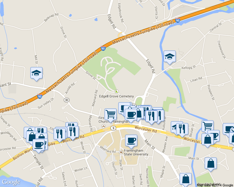 map of restaurants, bars, coffee shops, grocery stores, and more near 0 Grove Street in Framingham