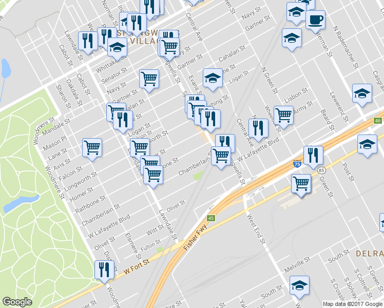 map of restaurants, bars, coffee shops, grocery stores, and more near 8203 Rathbone Street in Detroit
