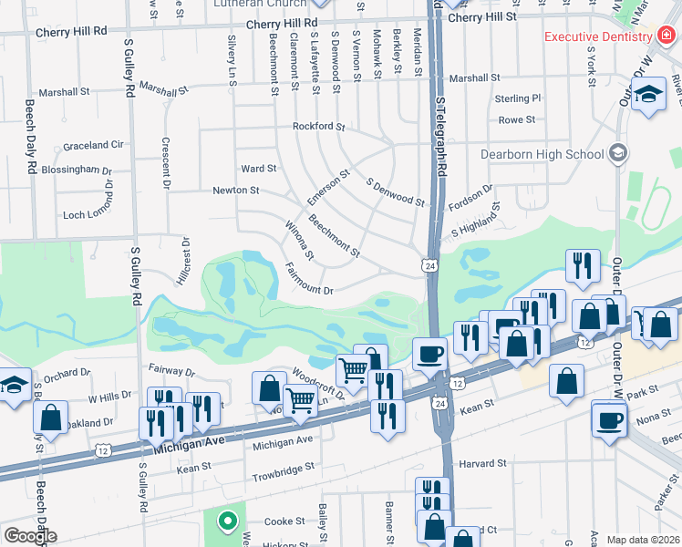 map of restaurants, bars, coffee shops, grocery stores, and more near 24441 Fairmount Drive in Dearborn