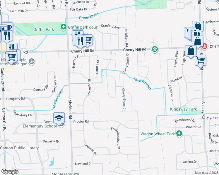 map of restaurants, bars, coffee shops, grocery stores, and more near 43812 Cherry Grove Court East in Canton