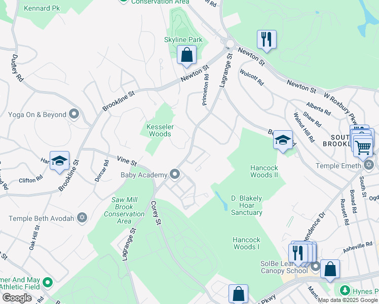 map of restaurants, bars, coffee shops, grocery stores, and more near 46 Broadlawn Drive in Newton