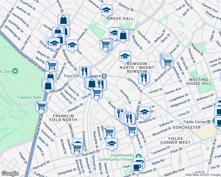 map of restaurants, bars, coffee shops, grocery stores, and more near 14 Mount Bowdoin Green in Boston