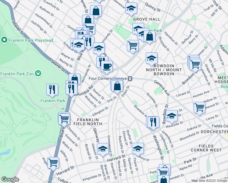 map of restaurants, bars, coffee shops, grocery stores, and more near 15 Erie Street in Boston
