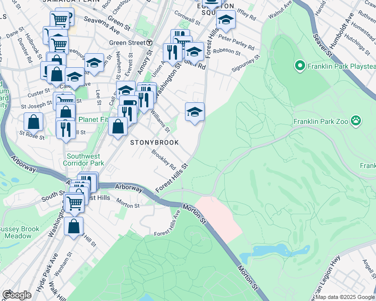 map of restaurants, bars, coffee shops, grocery stores, and more near 281 Forest Hills Street in Boston