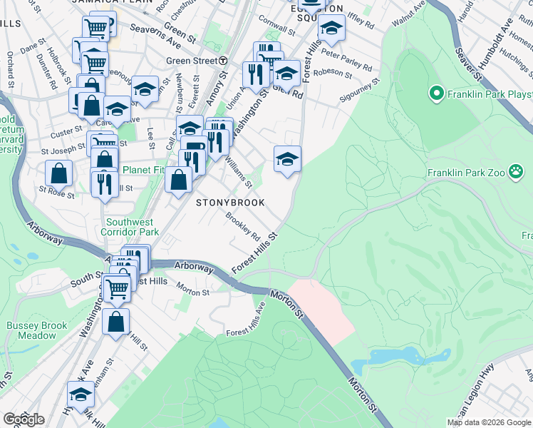 map of restaurants, bars, coffee shops, grocery stores, and more near 281 Forest Hills Street in Boston